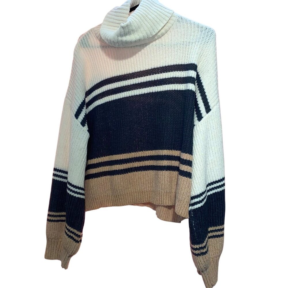 Soft Striped Cowl Neck Sweater Takara Puff Sleeve Large Acrylic & Polyester